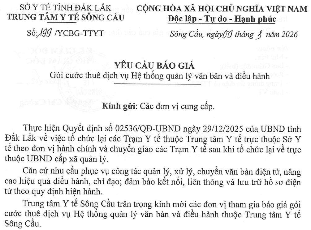 YCBG Gói cước thuê dịch vụ Hệ thống quản lý văn bản và điều hành